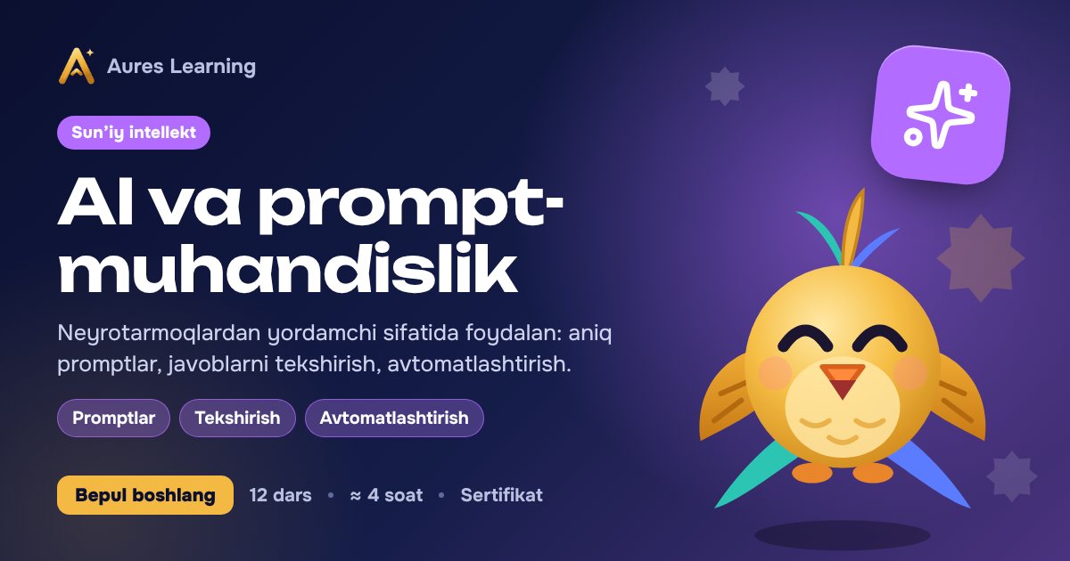 «AI va prompt-muhandislik» kursi muqovasi — Aures Learning onlayn kursi