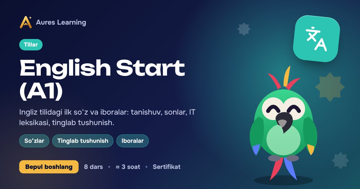 «English Start (A1)» kursi muqovasi — Aures Learning onlayn kursi