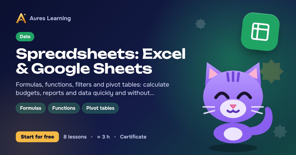 Cover of the “Spreadsheets: Excel & Google Sheets” course — Aures Learning online course