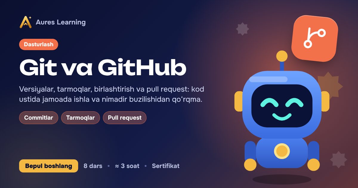 «Git va GitHub» kursi muqovasi — Aures Learning onlayn kursi