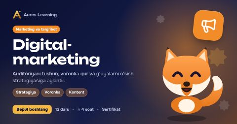 «Digital-marketing» kursi muqovasi — Aures Learning onlayn kursi