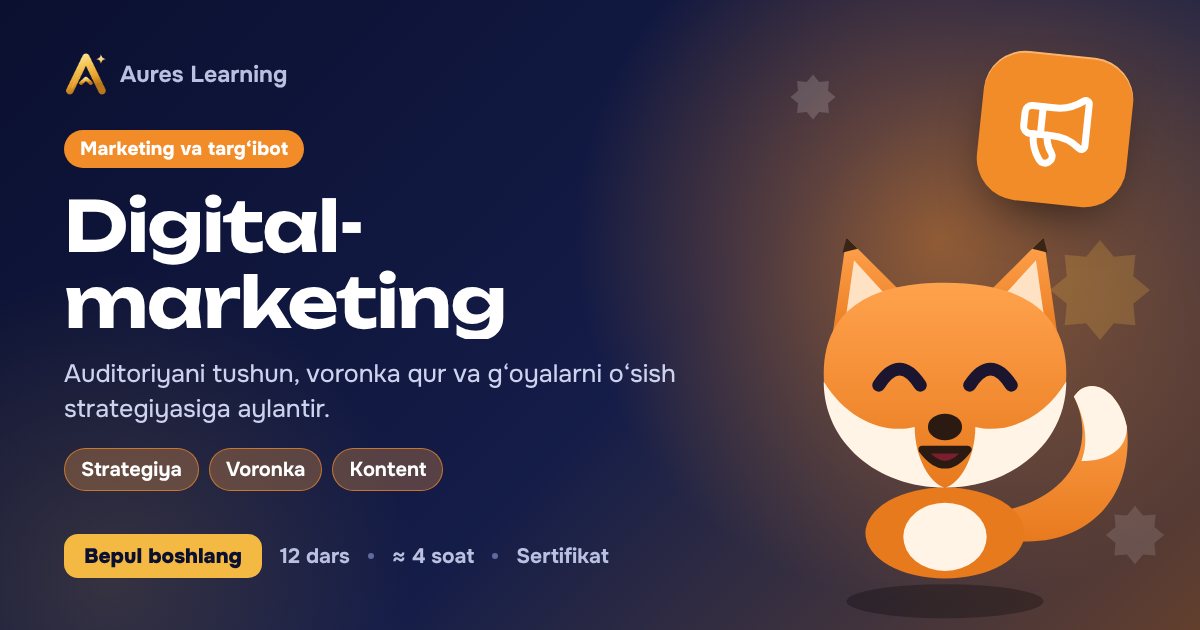 «Digital-marketing» kursi muqovasi — Aures Learning onlayn kursi