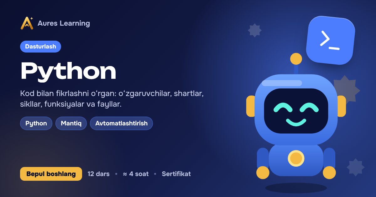 «Python» kursi muqovasi — Aures Learning onlayn kursi